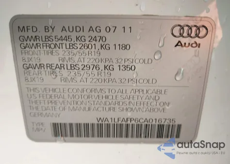 2012 Audi Q5 2.0T Premium z USA, uszkodzony, nr VIN WA1LFAFP6CA016735